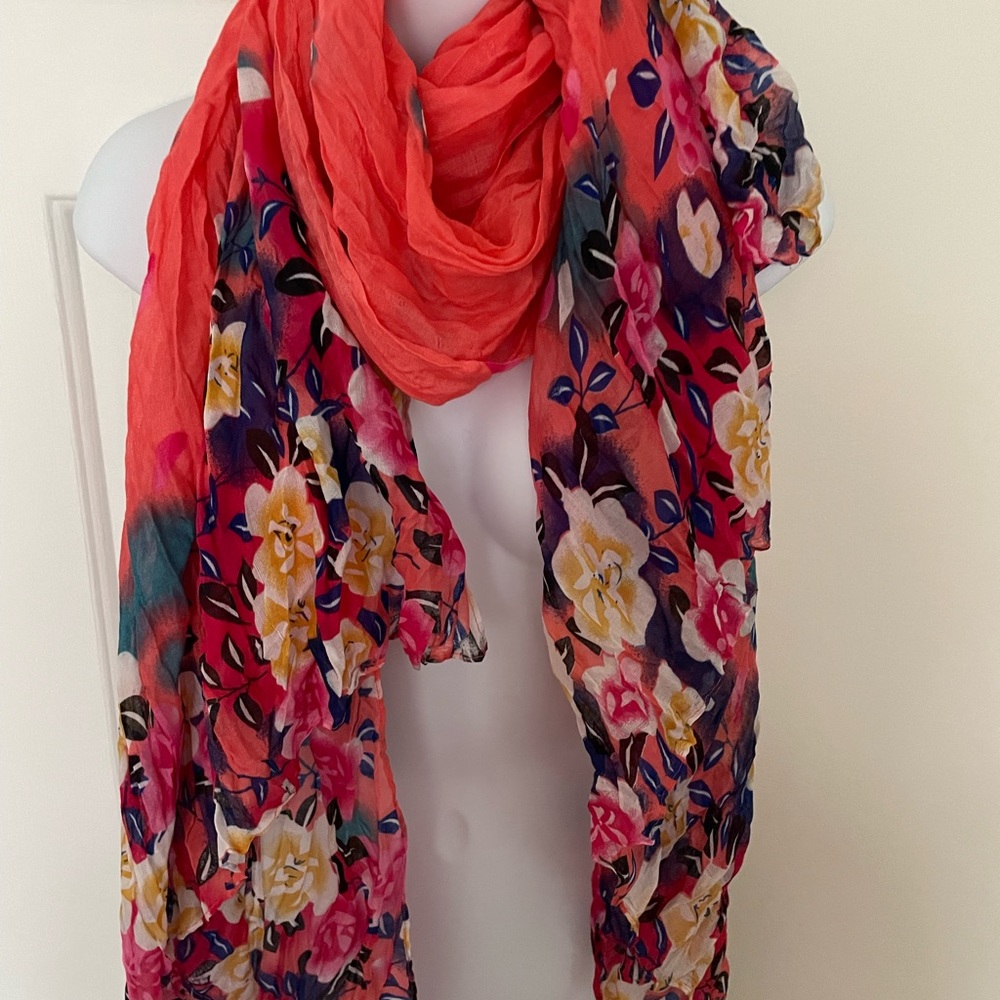 Coral sheer floral scarf